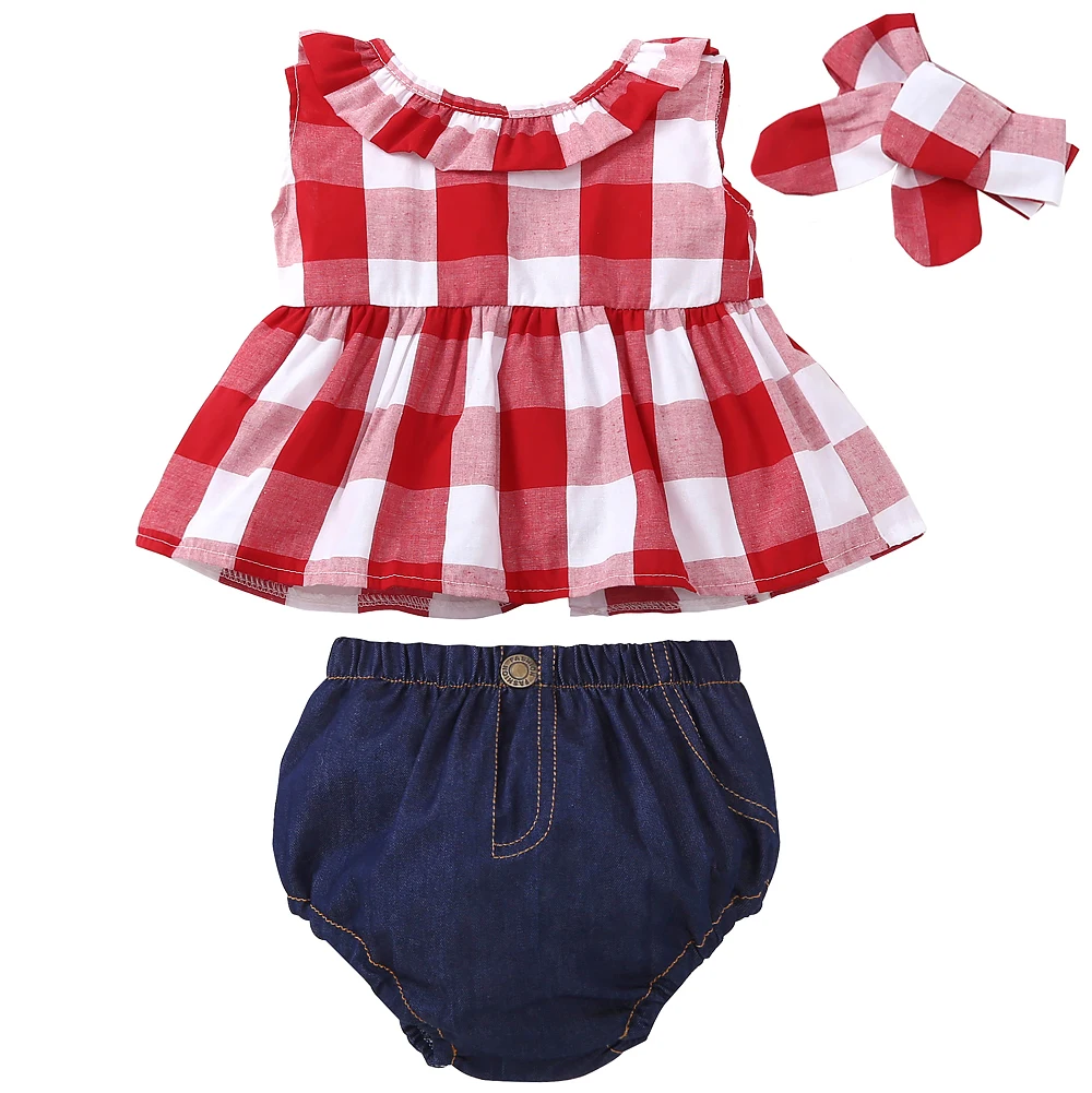 Infant Baby Girl Plaid Sleeveless Crop Top Denim Shorts Pant with Headband Clothes Set