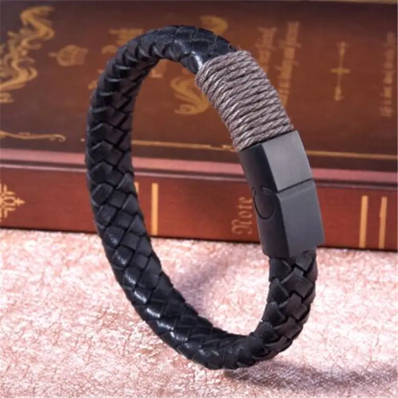 

Men Bracelet Punk Black Weave Charm Leather Bracelet For Women Jewelry Stainless Steel Magnetic Buckle Fashion Bracelets Bangles
