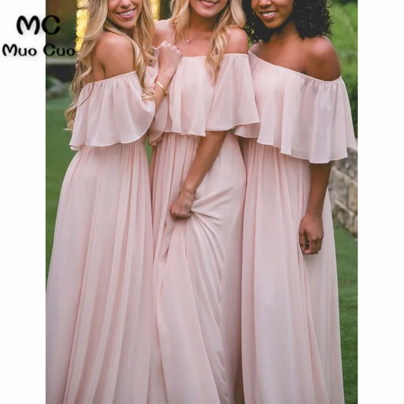 Off The Shoulder Pink Chiffon Bridesmaid Dress