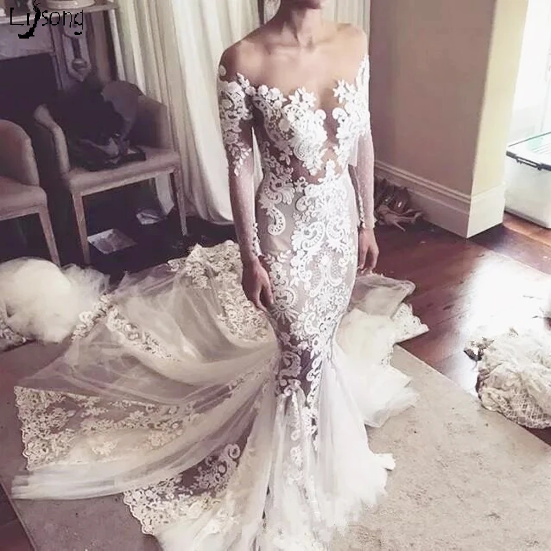 

White Mermaid Lace Appliques Wedding Dress Custom Made Illusion Soft Tulle Bridal Formal Gowns robe de mariee Vestido De Noiva
