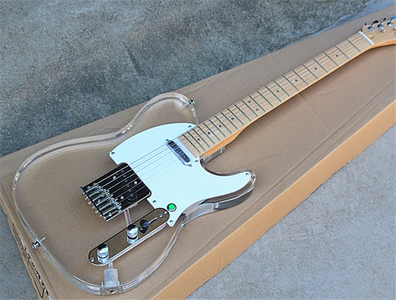

Factory Wholesale Acrylic Electric Guitar with White Pickguard,Maple Fretboard with Colorful LED lights, can be customized.