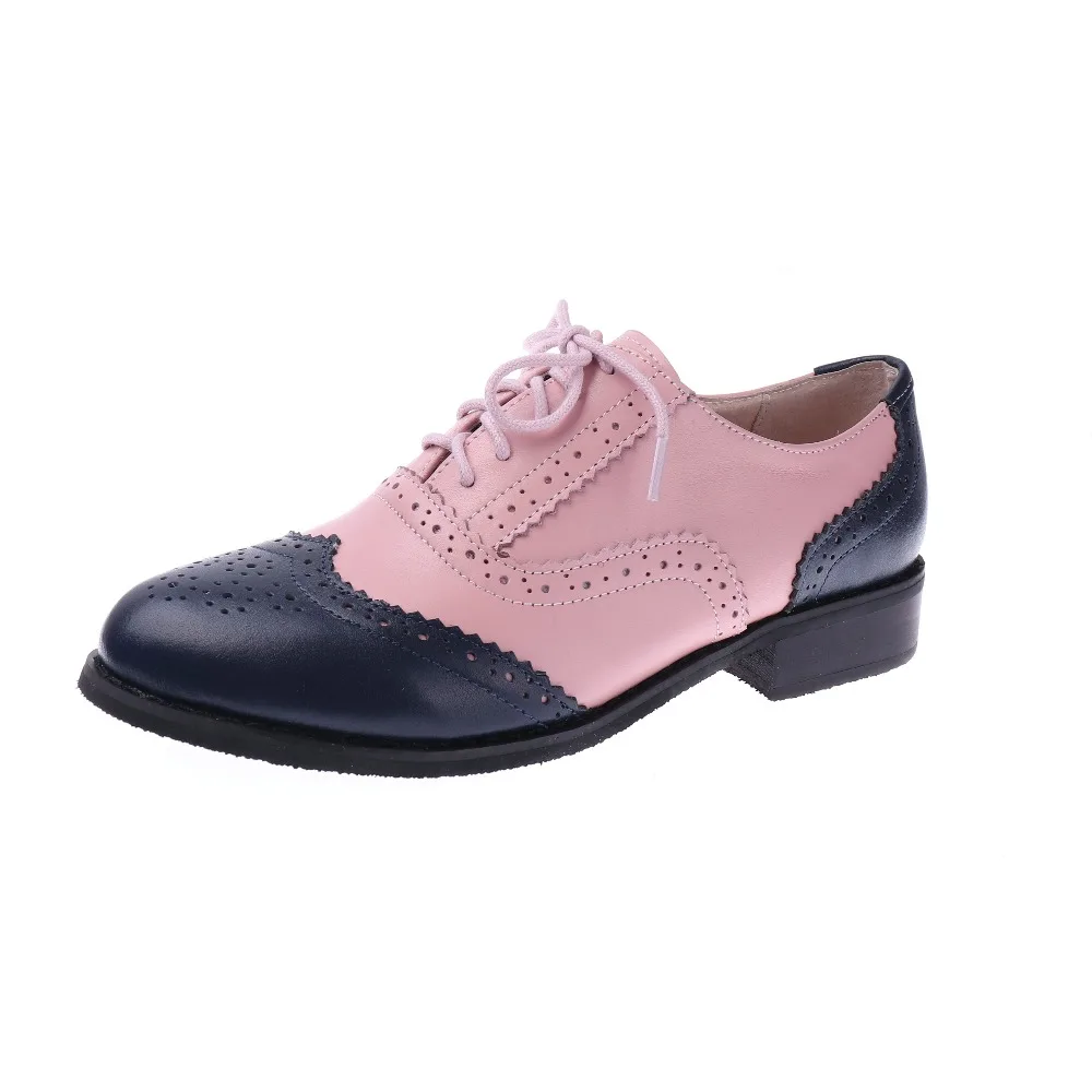 Винтажные Туфли-оксфорды в британском стиле; женская обувь с перфорацией типа «броги» из натуральной кожи; цвет розовый, синий; разноцветные женские туфли на плоской подошве
