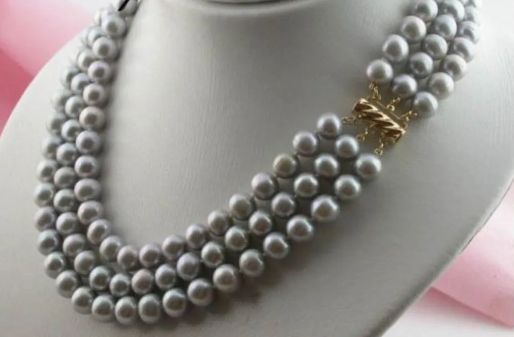 

Free Shipping >>> 3 row AAA 9-10MM south sea silver gray pearl necklace 14K clasp