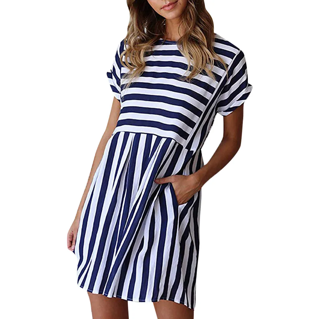 

2019 Women Summer Mini Dress Striped Short Sleeve O-Neck Print A-Line Dresses Holiday Beach Sundress Ladies Casual Vestidos Robe