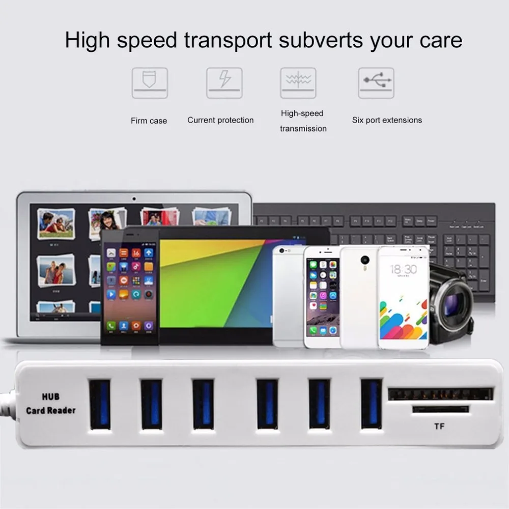 USB 2.0 Hub 6 Ports High Speed 480 Mbps TF/SD Card Reader USB Splitter For PC Laptop Computer Peripherals Accessories USB 2.0 Hub 6 Ports High Speed 480 Mbps TF/SD Card Reader USB Splitter For PC Laptop Computer Peripherals Accessories