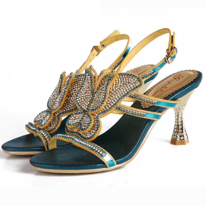 

Women Summer Sandals 3 Inches High Heels Blue Rhinestone Butterfly Cut-outs Stiletto Party High heel Sandal Shoes Plus Size
