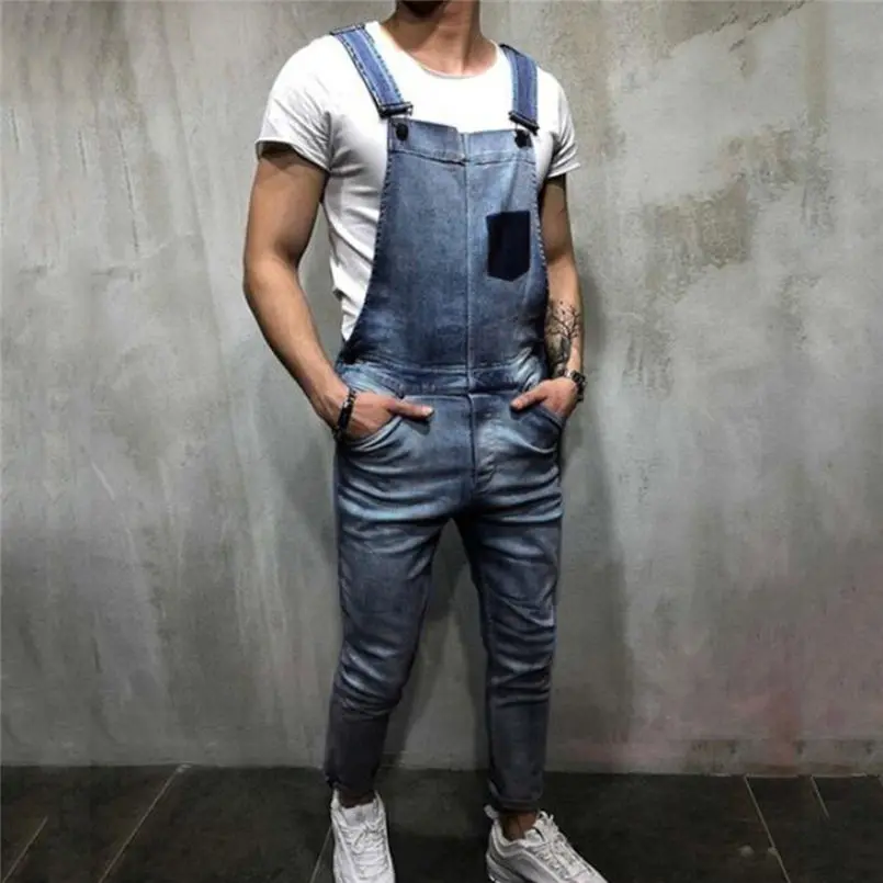 New Men Summer Autumn Fashion Overall Casual Jumpsuit Jeans Wash Broken Pocket Trousers Suspender Pants Brief Joggers Pant #4R06 (4)