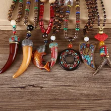 Этнические Бусы из натурального дерева, ожерелье с подвеской в форме рога, длинное мужское ожерелье ручной работы, непальское ожерелье OM, женские мужские ювелирные изделия