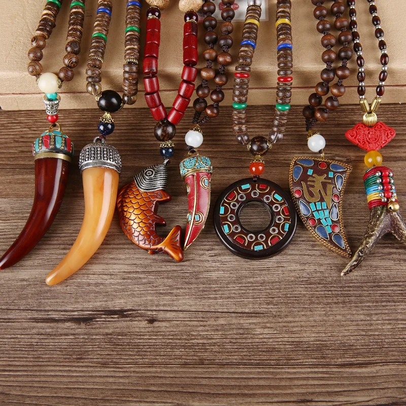 

2019 Ethnic Natural Wood Beads Fish Horn Pendant Necklace Long Statement Necklace Handmade Nepal Necklace OM Women Men Jewelry