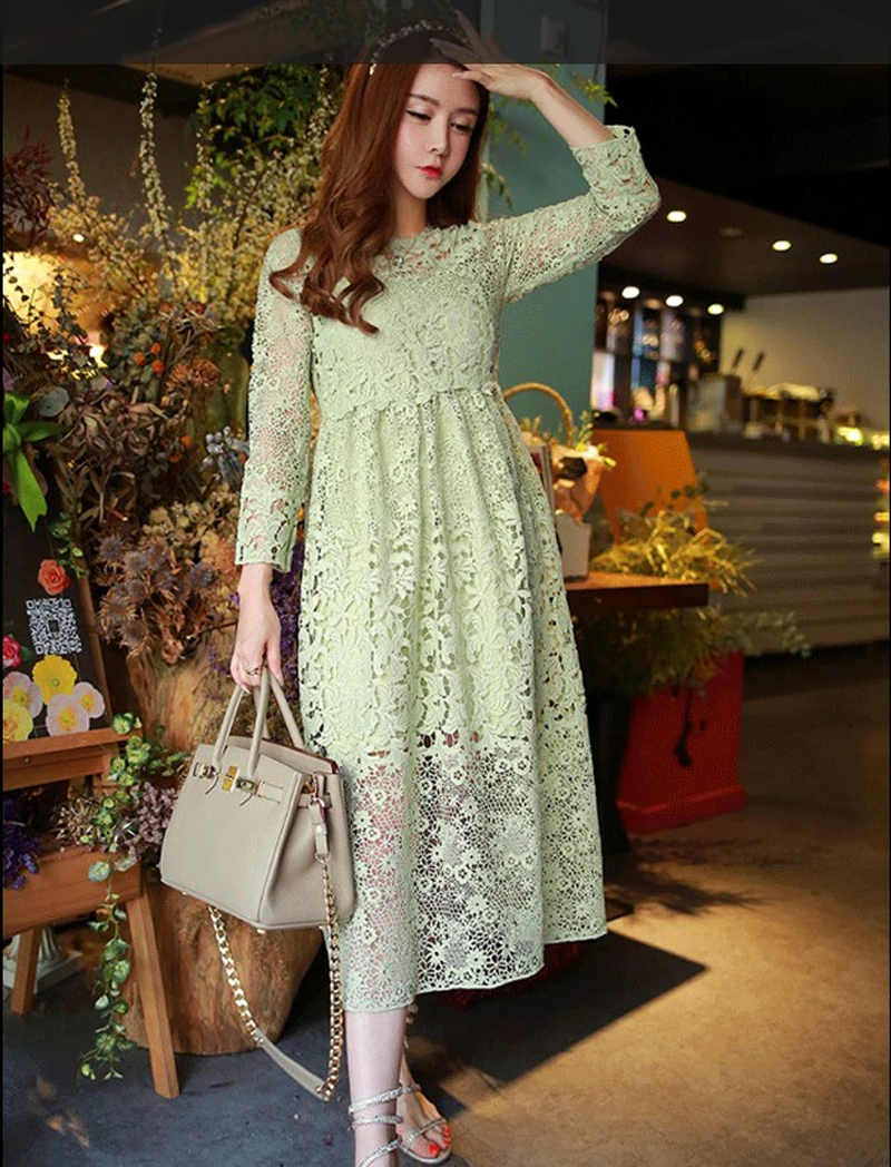 2016 Women's fashion long lace dresses girls slim casual light green