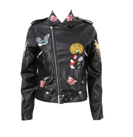 Floral Print Embroidery Faux Soft Leather Jacket Women Pu Motorcycle Coat main image 1