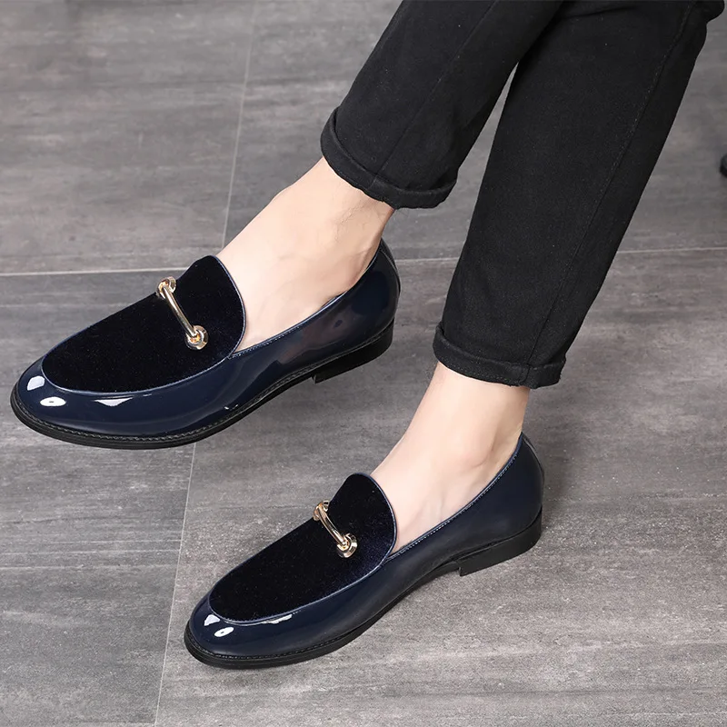 Мужская обувь лоферы; дизайнерская обувь; острый носок; модные Для мужчин металлические кнопки туфли оксфорды повседневные мужские свадебные туфли большой размер 38-48 - Цвет: blue