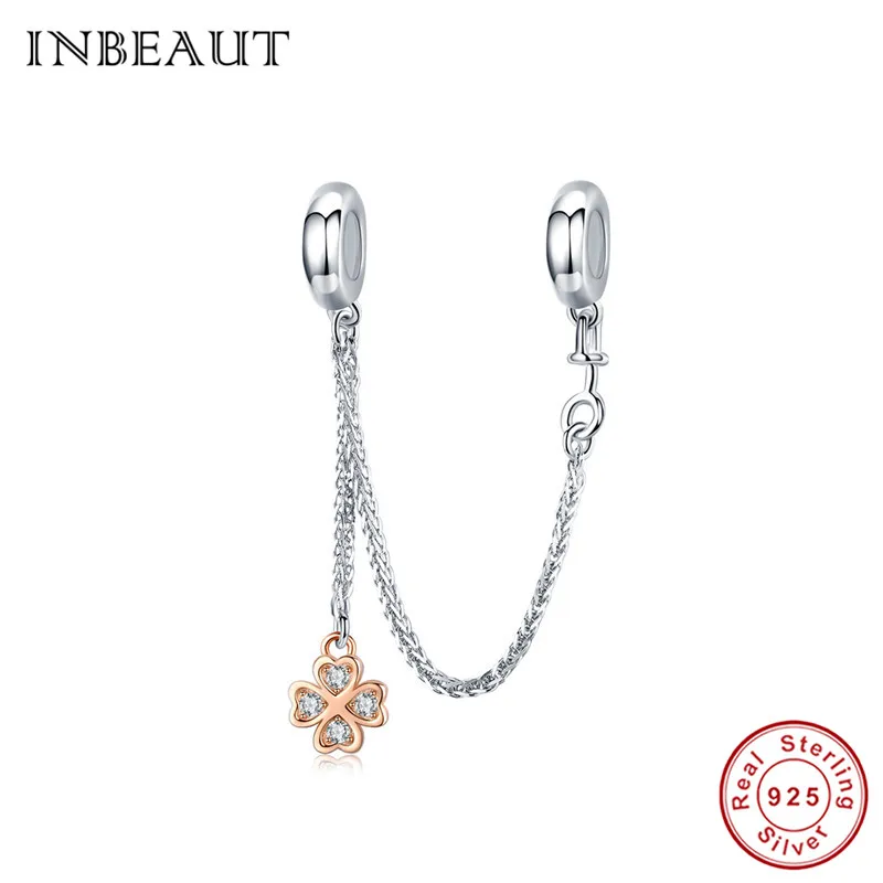 

INBEAUT 100% 925 Sterling Silver Heart Zircon Clover Safety Chain fit Pandora Bracelet Elegant Rose Gold CZ Flower Charms Beads