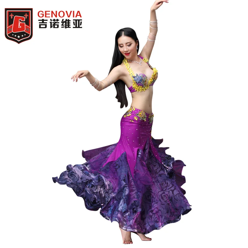 

Women Performance Belly Dance Costume Beaded Bras + 2 Layers Long Skirt Carnival Bollywood Girls Skirts (no Belt) Dancewear