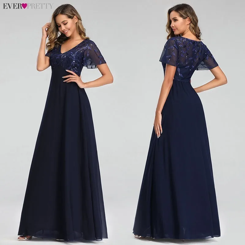 Online Abendkleider Lange Immer Ziemlich EZ07706 Elegante Marineblau A linie Kurzarm Chiffon Spitze Stickerei Party Kleider für Hochzeit