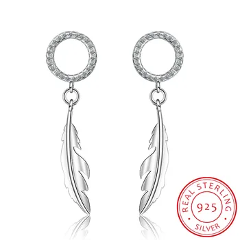 

New Fashion 925 Sterling Silver Earrings Zirconia Circle Long Feather Tassel Earrings Oorbellen Pendientes S-e782