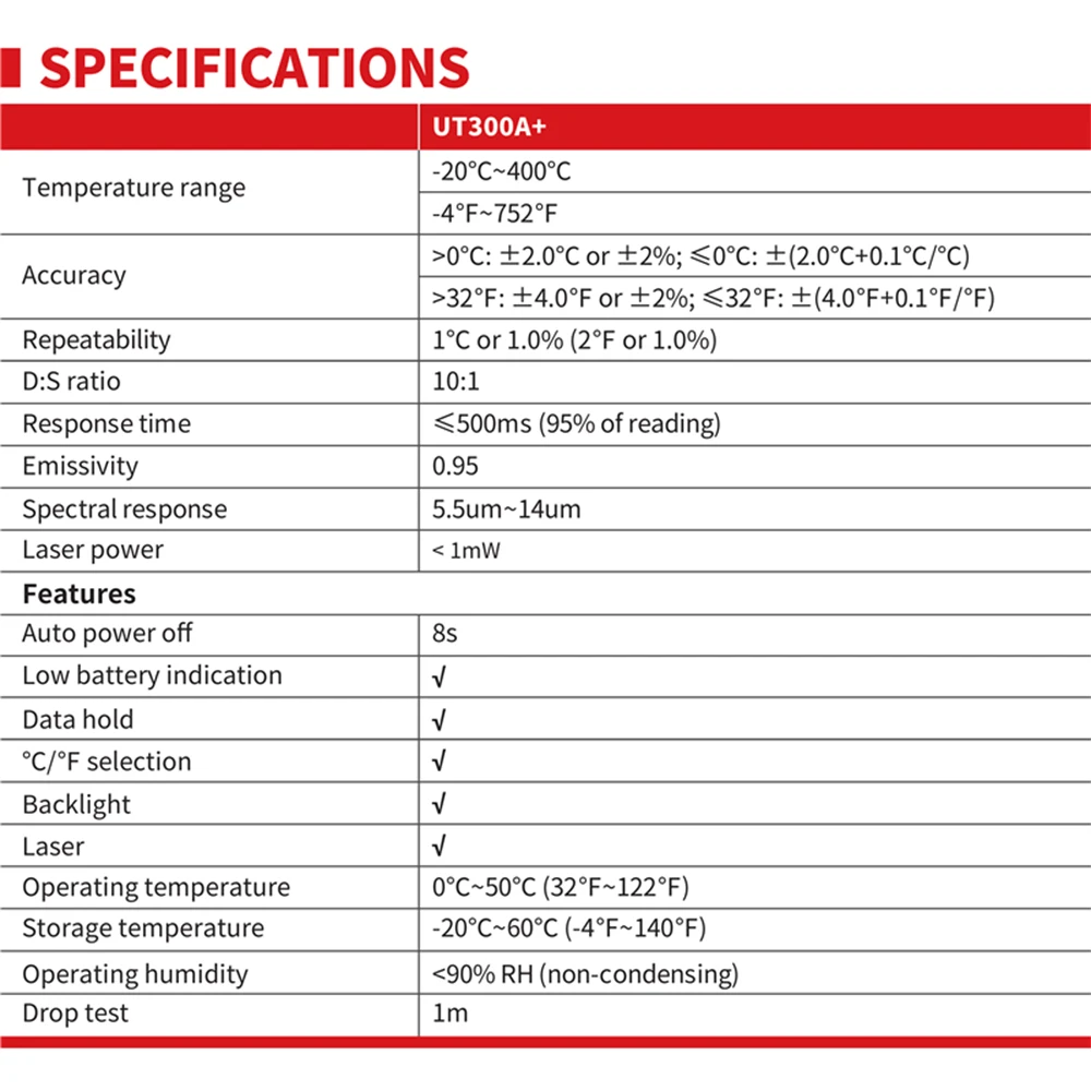 UNI-T UT300A+ Laser Infrared Thermometer -20~400C Degree Handheld Digital Industrial Non Contact Temperature Meter Gun Backlight
