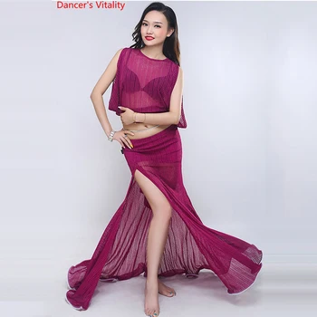 

New Yarn belly Dance Clothes! Women Show Set Belly Dance Bra Round Neck Top + Long Skirt 2 pcs Handmade Belly Dance Set
