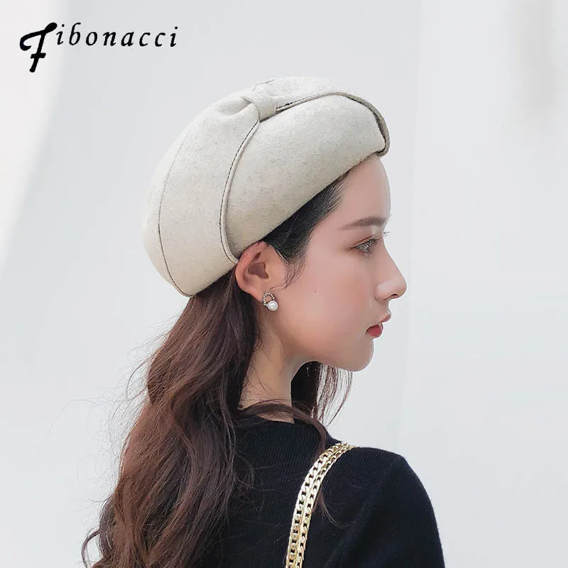 

Fibonacci 2018 New Elegant Female Bow Berets Brand Quality Wool Felt Cap Autumn Winter Hats for Women