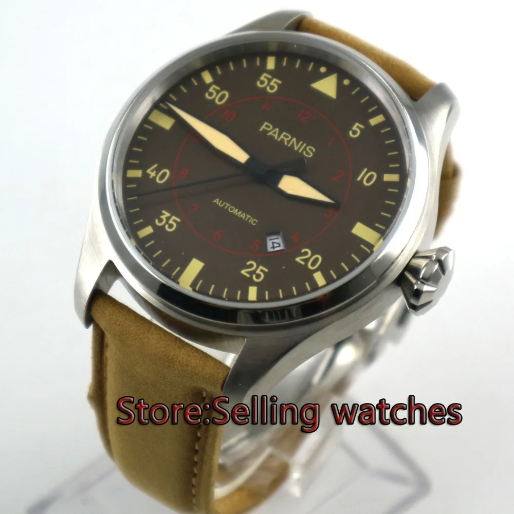 

47mm parnis coffee dial big crown date 21 jewel miyota 8215 automatic mens watch