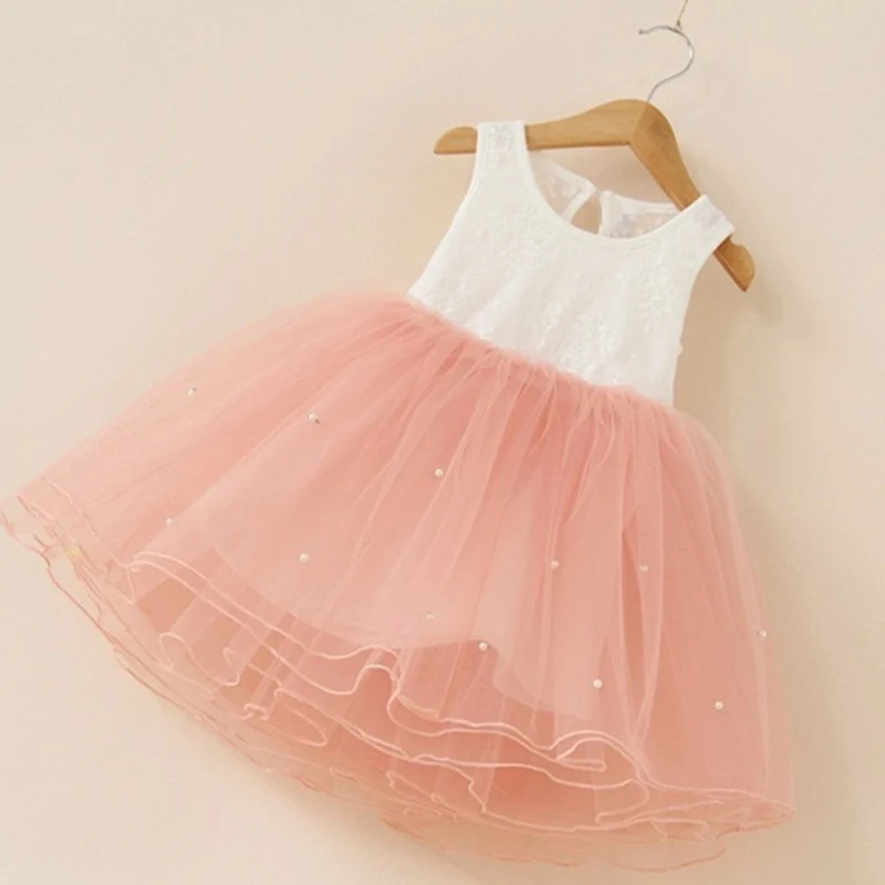 Patchwork Cute Baby Girl Dress Clothes Lace Vest Pearls Kids Dresses for Girls Clothing Holiday Wear Vestido Infantil Baby Pink - Цвет: The main picture