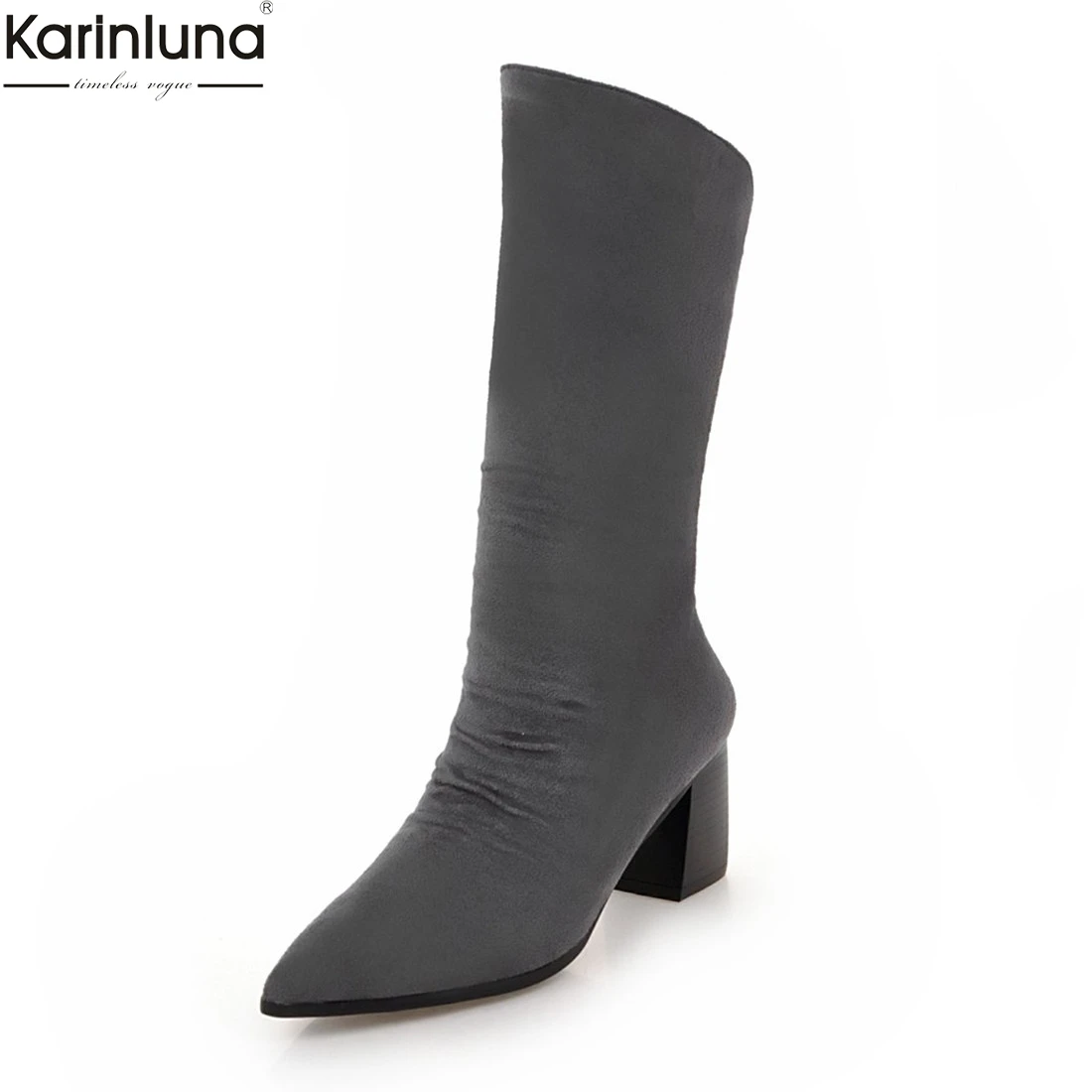 

Karinluna 2018 Large Size 33-43 add fur winter boots woman shoes pointed toe fashion high heels mid calf boot female shoes woman