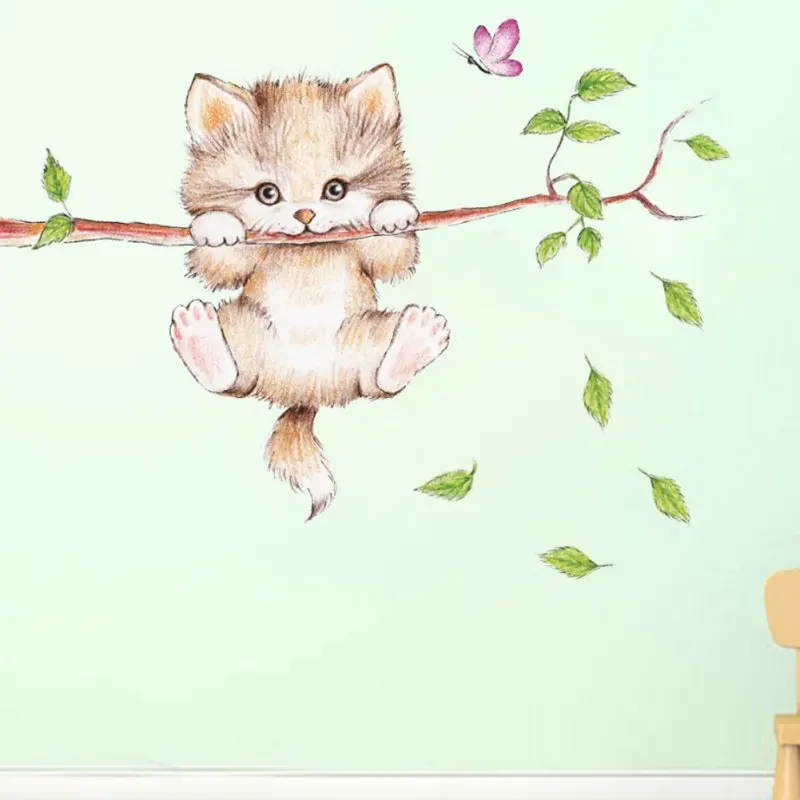Cute Cat Butterfly Tree Branch Wall Stickers for Kids Rooms Home Decoration Cartoon Animal Wall Decals DIY Posters PVC Mural Art
