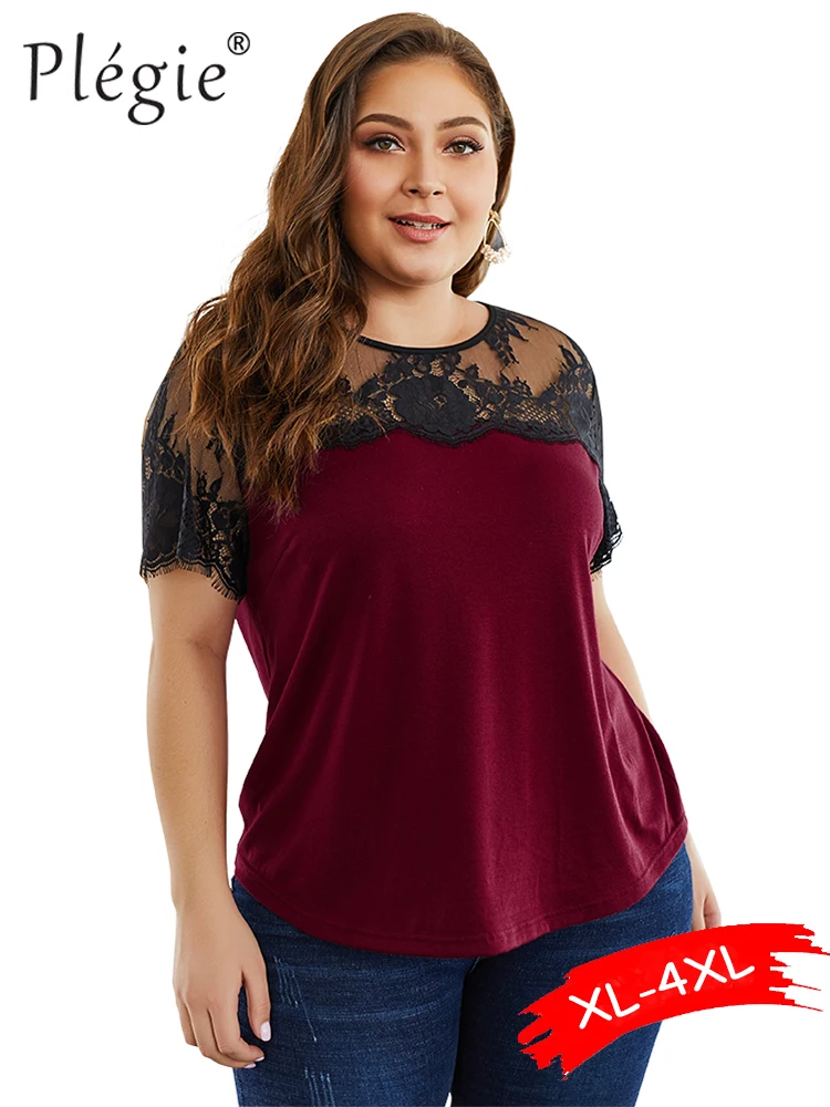 

Plegie Plus Size Lace Patchwork Shirt XL-4XL Big Size Summer Womens Tops And Blouses Short Sleeve WineRed Shirts Ladies Tops