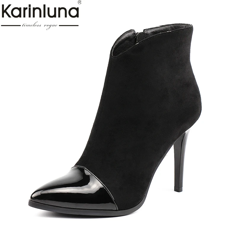 

Karinluna Brand Design Big Size 42 Zip Up Ankle Boots Woman Shoes Pointed Toe Thin High Heels Shoes Woman Boots Female