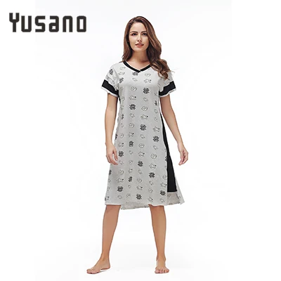 Yusano Cotton Nightgowns for Women V-Neck Nightshirt Short Sleelve Sleep Dress Cute Printed Sleepshirt Casual Nightwear - Цвет: Black