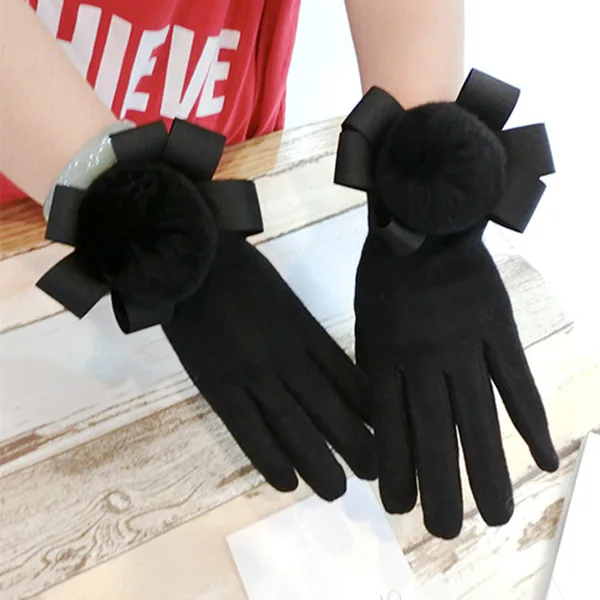 Элегантные женские перчатки с сенсорным экраном, 1 пара, зимние теплые варежки с бантиком, бесплатная доставка