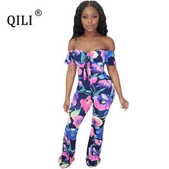 

QILI Women Off Shoulder Short Sleeve Jumpsuits Floral Print Wide Leg Long Pants Sexy Jumpsuit Womens Oversll