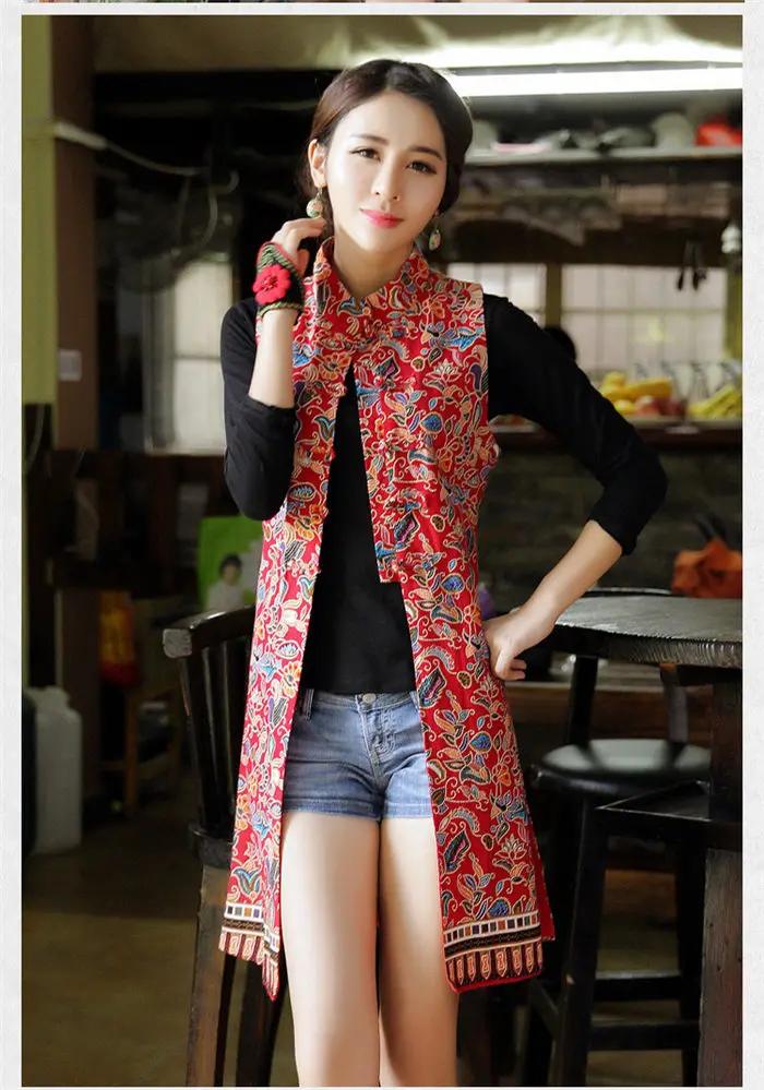 Woman Vest New Arrival Chinese Style Women Sleeveless Jacket Vintage Print Long Slim Ethnic Waistcoat Cotton Linen Tops f1073