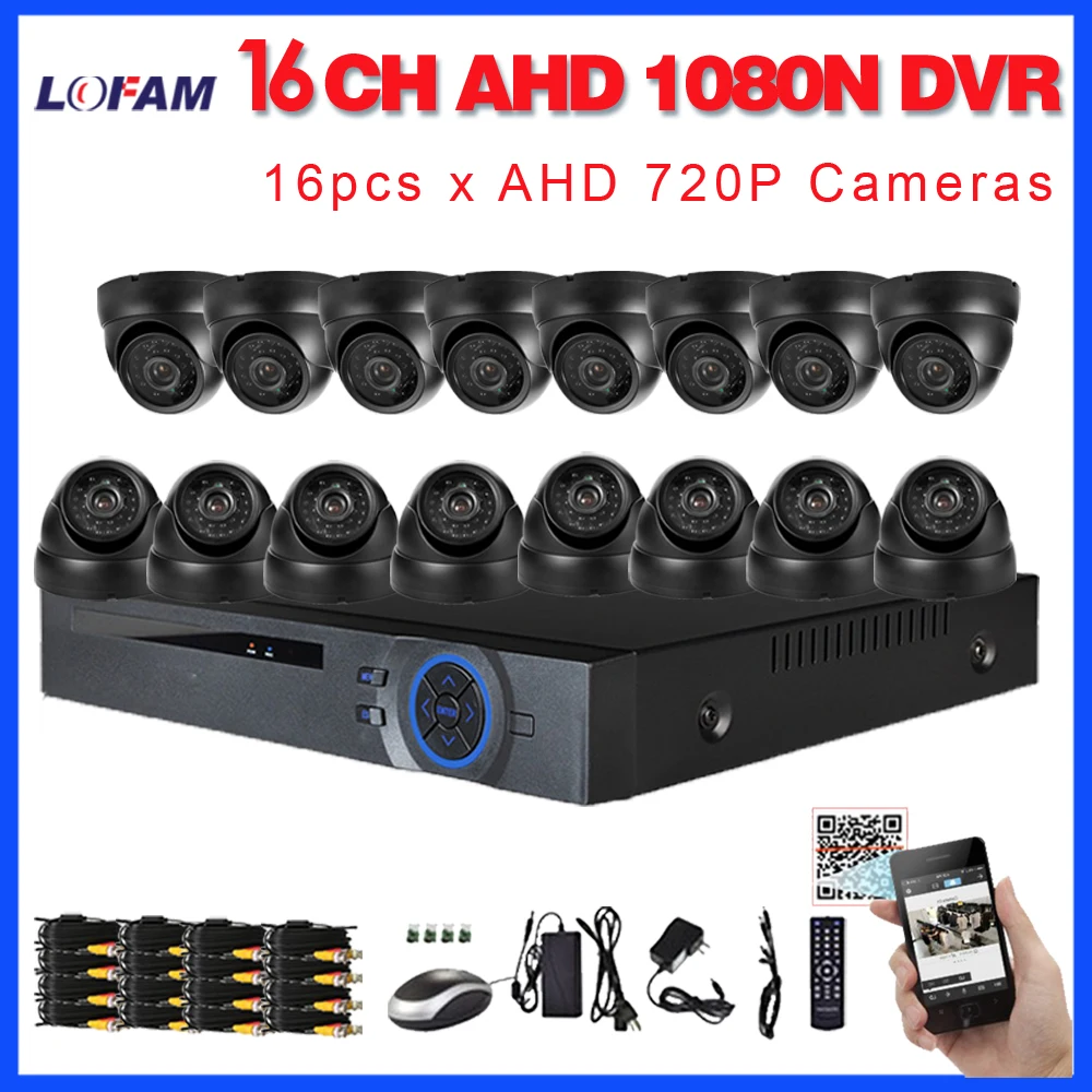 LOFAM 1080N 16CH камера безопасности CCTV AHD DVR NVR комплект 16x720 P 1.0mp 1500TVL Крытая купольная камера система домашнего видеонаблюдения 16 канальный AHD