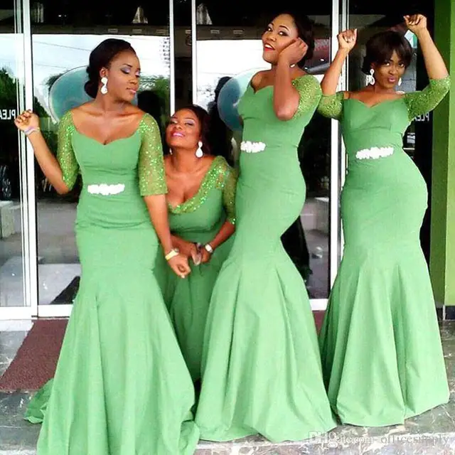 2017 Beautiful Green Mermaid Bridesmaid Dresses Arabic African Lace 2017 Beautiful Green Mermaid Bridesmaid Dresses Arabic African Lace Long Sleeves Beaded Sash Dress Formal