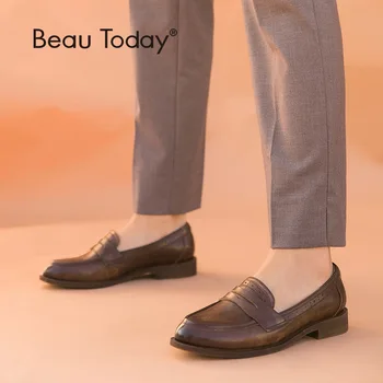 

BeauToday Women Penny Loafers Top Brand Genuine Cow Leather Polished Pointed Toe Slip On Spring Autumn Flat Shoes Handmade 27112