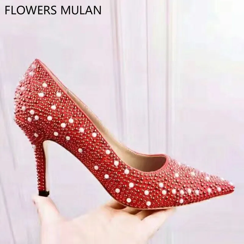 

Red Silver Black Gold Sequined Bling Crystal Leather Upper Women Pumps Shoes High Heels Chic Pointed Toe Slip On Brand Stilettos