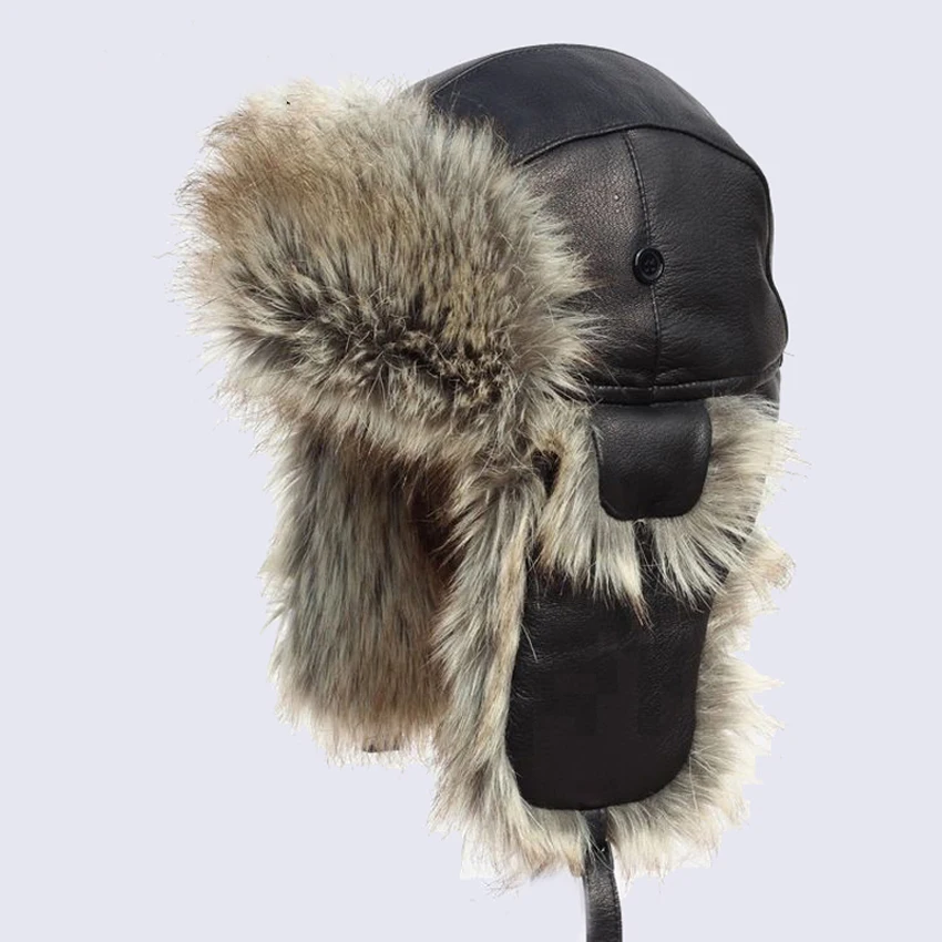 Ushanka Russe Hommes Hiver Trappeur Vintage Bomber Chapeau Pilote Aviateur Trooper en Cuir Earflap Faux Fox/ / Chaud en Peluche Casquette De Ski