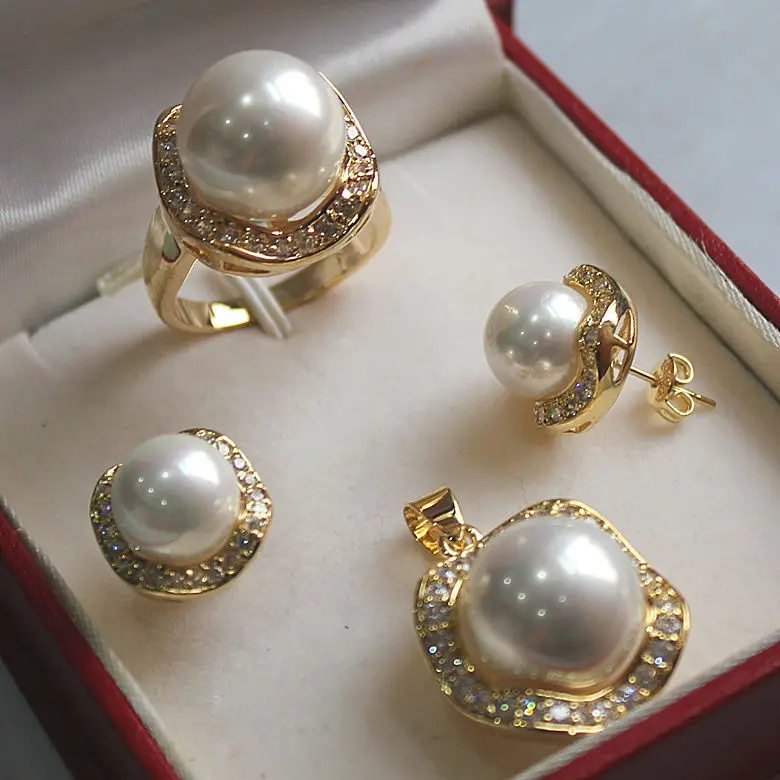 

Hot selling> Charming Shell Pearl Pendant Earing Ring Jewelry Set AAA style Fine Noble real Natural fast shipping -Bride jewelry