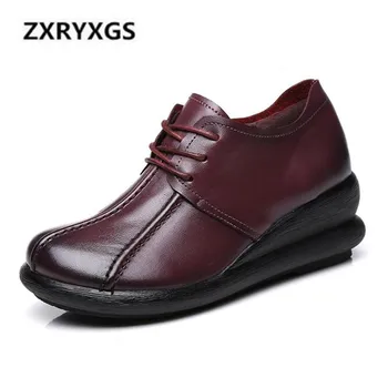 

New Retro Handmade Genuine Leather Shoes 2019 Spring Fashion Lace Wedges Shoes Non-slip Comfort Women Shoes High Heels 6 cm