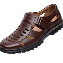 Летняя мужская обувь черного и коричневого цвета; модные открытые сандалии из натуральной кожи; дышащая мужская повседневная обувь; кожаные сандалии для отца