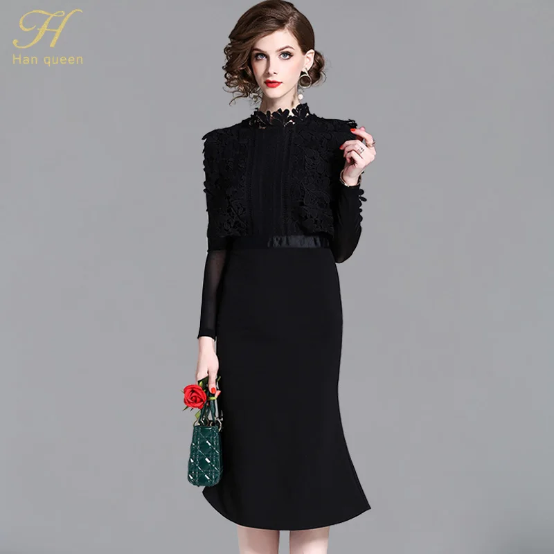 

H Han Queen 2018 SummerTrumpet / Mermaid Mesh Lace Black Dress Slim Package Hip Party Fashion Casual Sheath Dresses Vestidos