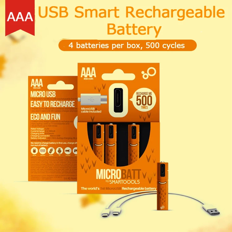 SMARTOOOLS 4Pcs/pack 1.2V 450mAh Real Capacity USB Charged Battery AAA Rechargeable NI-MH Batteries | Электроника
