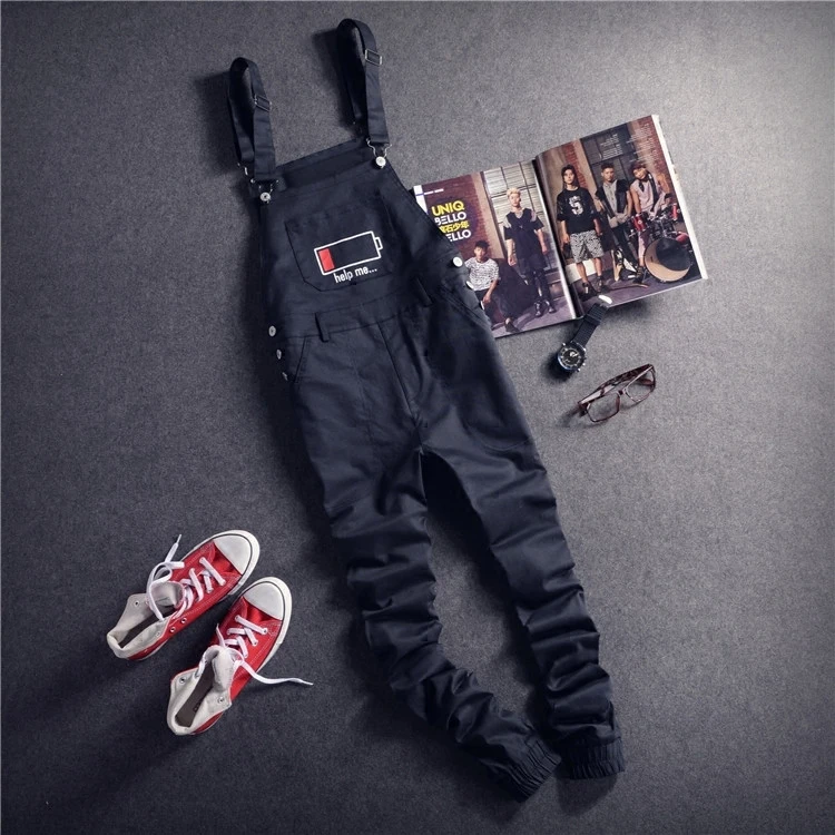 Mens Black Cargo Trouser Bib Overalls Casual Straight Long Bib Suspender Pants Men One Piece Male Fashion Work Jumpsuits D100603