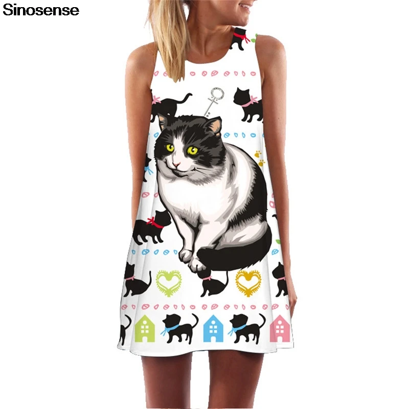 Женское винтажное пляжное платье Boho длинное туника с объемным принтом кота