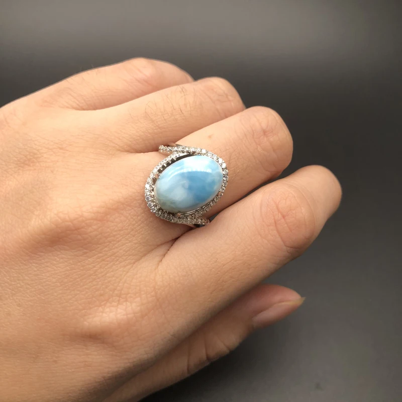 Натуральный Овальный 10*14 мм 6.5ct драгоценный камень кольца larimar кольцо из стерлингового серебра 925 пробы ювелирные украшения Лучший Подарок на годовщину для женщин