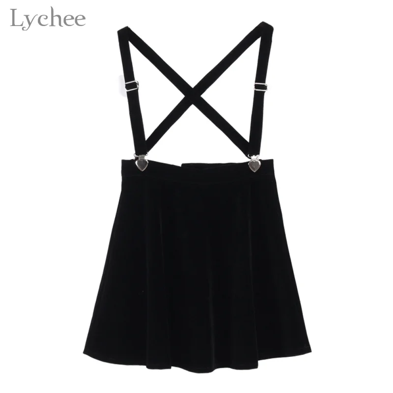 

Lychee Punk Gothic Harajuku Women Skirt Velvet Love Shape Clip Strap Spring Autumn Adjustable A-line Mini Skirt