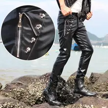 Осень Зима Личность Модные мотоциклетные брюки из искусственной кожи мужские Облегающие штаны PU брюки для мужчин плюс черный бархат утолщаются