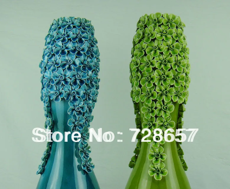 Модный и простой синий и зеленый Керамика и фарфоровая ваза с остеклением поверхности и ручной ущипнул цветок