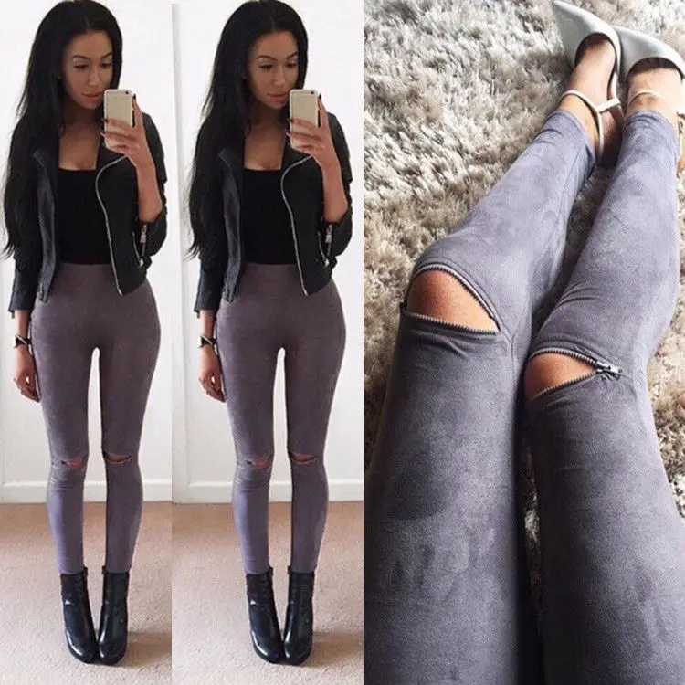 

Women Sexy Skinny Hole Pants Ladies Stretchy Pencil Tight Trousers